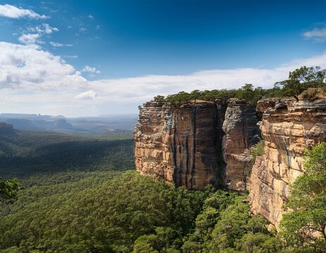 high rock cliff and trees with flat terrain below