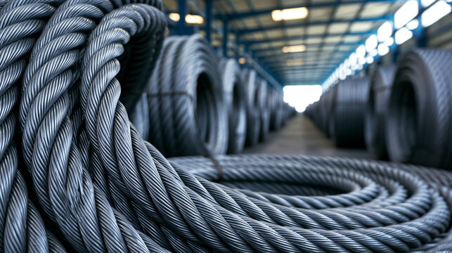 Large steel cable coils stored in a warehouse rows with shallow depth of field. Industrial manufacturing and heavy construction materials supply chain concept.