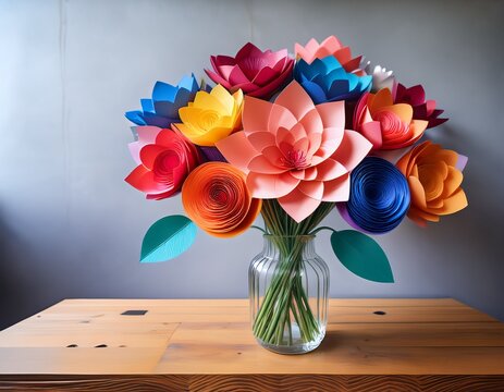 vibrant paper flowers artfully arranged in a clear vase brighten a wooden surface