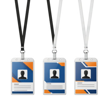 Three lanyards with orange and blue id badges