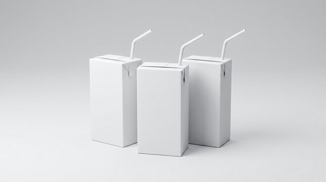 Three minimalist blank white juice cartons with straws standing on plain background for packaging design
