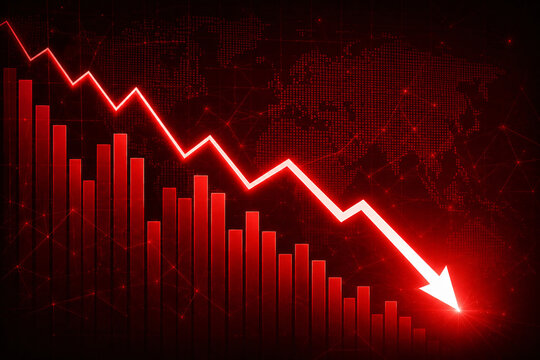 Red financial bar chart showing market crash and economic decline with downward trend arrow