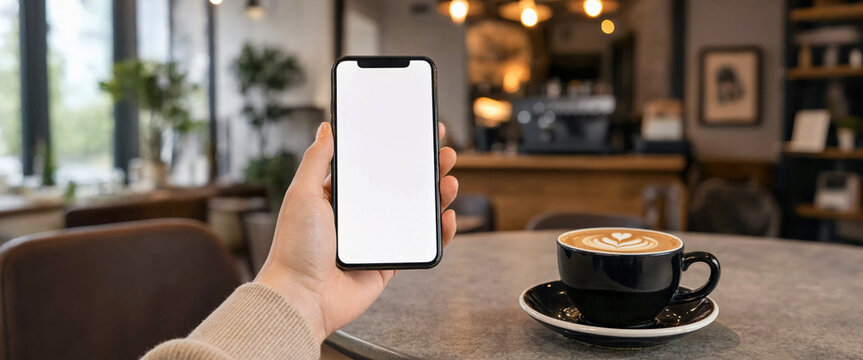 Hand holding smartphone with blank white screen in a cozy cafe for mobile app mockup design