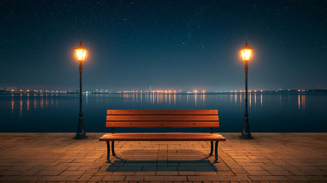 Symmetrical night view of park bench under starry sky with lit lanterns.