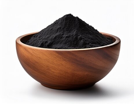 black powder in wooden bowl isolated on white background