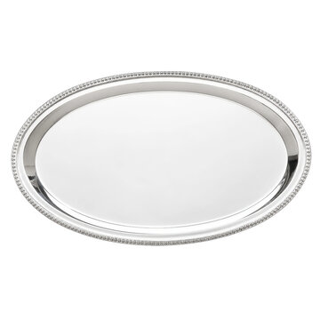 Elegant silver-plated oval serving tray with a decorative beaded rim, photographed from a high angle on a clean white background