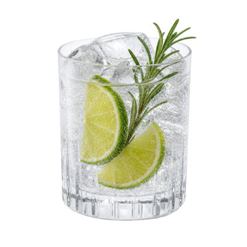 Refreshing gin and tonic cocktail with lime slices, rosemary, and ice cubes in a clear glass on a white background
