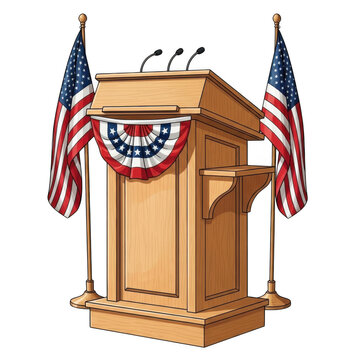 Wooden podium with two american flags