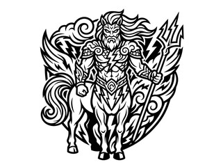 Fototapeta premium Mythological Centaur Warrior with Trident, Lightning and Waves