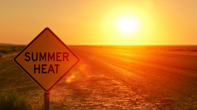 A yellow road sign stating Summer Heat stands beside a desolate road during sunset. Use this image for travel safety and extreme weather climate change concepts.