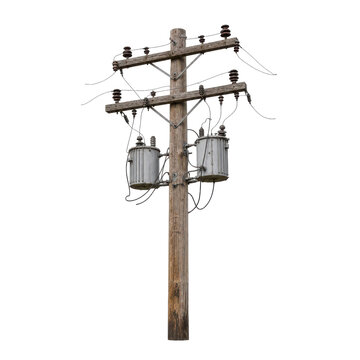 Old wooden utility pole with two large transformers and multiple wires, isolated on a clean white background