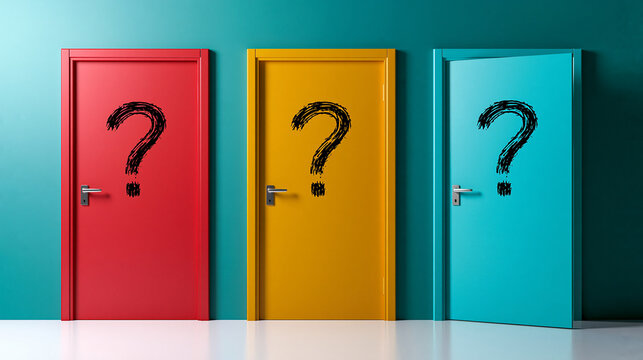 Three colorful doors with question marks represent choices and opportunities. Conceptual image for decision making or life path challenges.