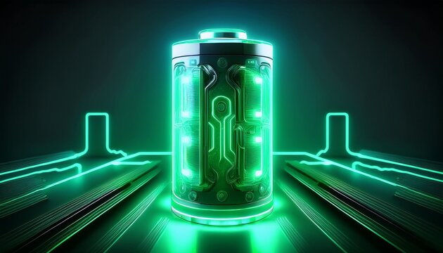 glowing green power neon futuristic energy storage high capacity rechargeable lithium ion battery