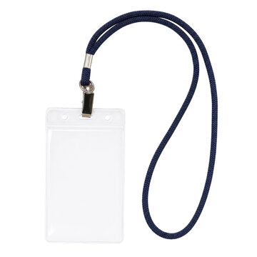 Empty clear plastic ID card holder with a dark blue lanyard and metal clip on a white background