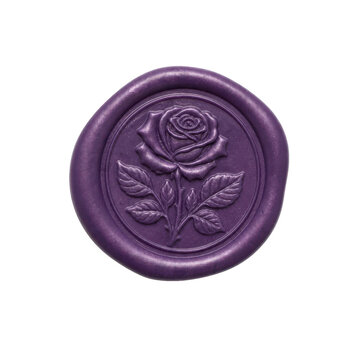 Beautiful purple wax seal with an embossed rose design is isolated on a clean white background, viewed from a top-down perspective