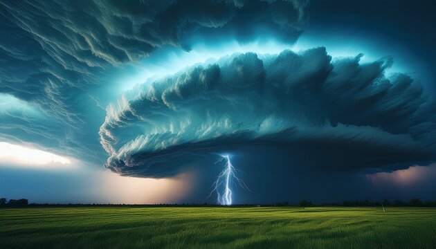 dramatic wide shot of a massive supercell storm cloud structure looming over a rural field with a powerful lightning bolt striking the horizon beneath a dark teal sky