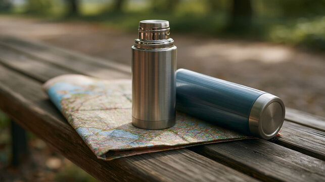 Thermos and map on rustic wooden table for outdoor adventure and travel concept.