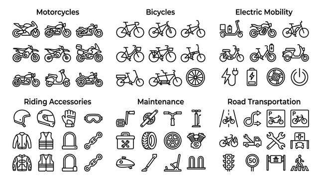 Modern Motorcycle and Bicycle Linear Icon Collection with Sport Bikes, Scooters, Electric Cycles, Mountain Bikes, Safety Gear, and Road Symbols