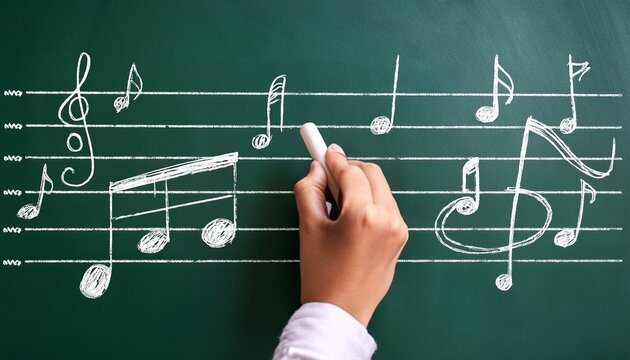 hand writing music notes on blackboard in classroom education background