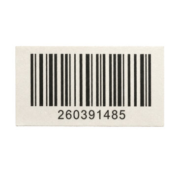 Rectangular white paper barcode label with black vertical stripes and a numerical code is isolated on a white background