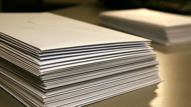 A large stack of white paper envelopes sits on a desk in warm indoor lighting. Concept for office administration or business correspondence tasks.