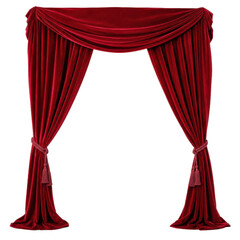Fototapeta na wymiar Elegant red velvet stage curtains with decorative tassels are tied back, creating an inviting archway on a clean white background