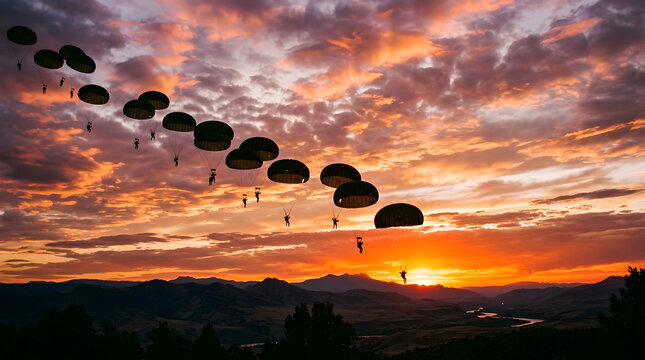 Multiple parachutes silhouette descending together at sunset, dramatic backlit sky