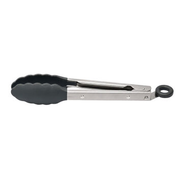 Single stainless steel kitchen tong with dark gray silicone tips is presented horizontally on a clean white background