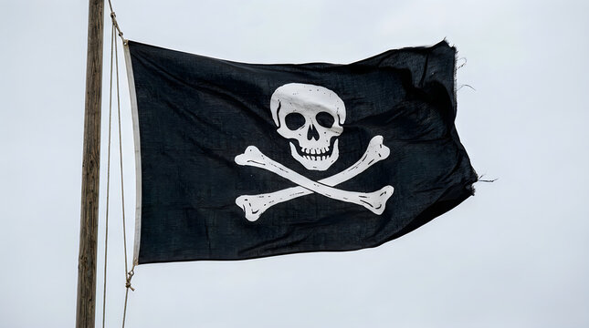Black pirate flag with skull and crossbones waving illustration