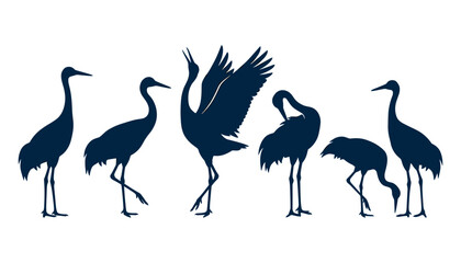 Fototapeta premium Flock of Japanese Crane Birds Dark Blue Silhouette Vector Illustration Set Featuring Herons Storks and Egrets in Various Standing and Flying Poses