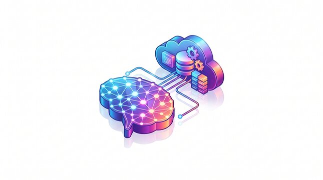 An isometric 3D illustration depicts a glowing brain connected to a cloud server with data elements, symbolizing artificial intelligence, machine learning, and data processing.