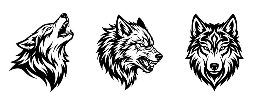Wild wolf head vector illustration set featuring howling and aggressive poses illustration predator.