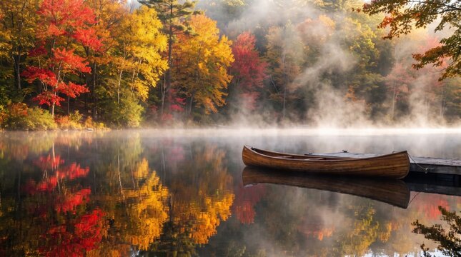 Canoe on a misty lake surrounded by vibrant autumn foliage and colorful fall trees.
