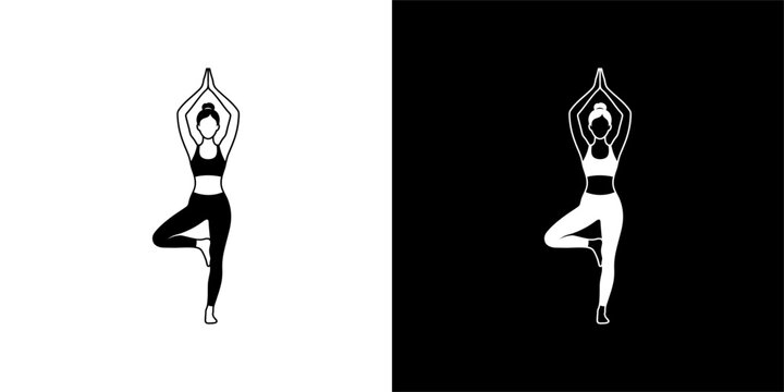 Woman practicing tree pose yoga exercise silhouette set isolated on white and black backgrounds for fitness and wellness concepts