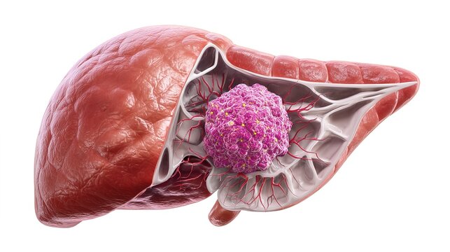 Liver cancer medical 3D illustration, human liver organ with malignant tumor growth, hepatocellular carcinoma disease concept, cancer cells spreading in hepatic tissue, medical visualization