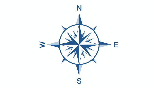 Classic nautical compass rose design in shades of blue showing cardinal directions north, south, east, and west.