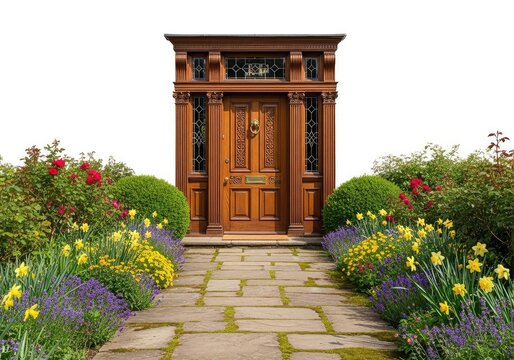 Vista frontal de una elegante entrada principal de madera con un sendero de piedra, rodeada de arbustos verdes y flores bajo luz natural, libre, acogedor, ambiente