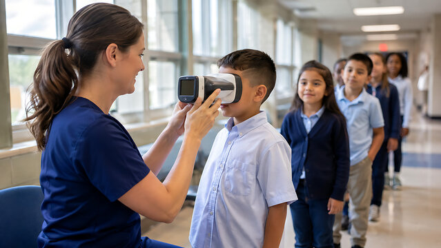 female nurse performing vision screening on schoolboy with digital autorefractor device students waiting in line in hallway vision testing pediatric medical checkup concept