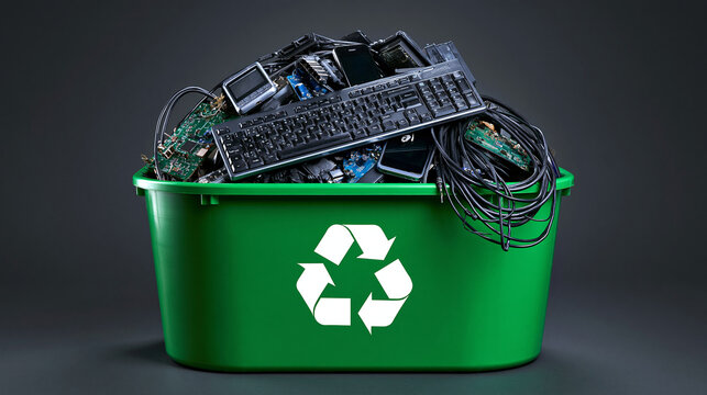 A green bin filled with old electronic waste and computer parts ready for disposal. This represents environmental recycling efforts and responsible e-waste management.