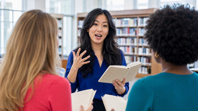 A charismatic woman lectures two other women in a library setting, holding an open book and gesturing expressively. The background is filled with bookshelves.