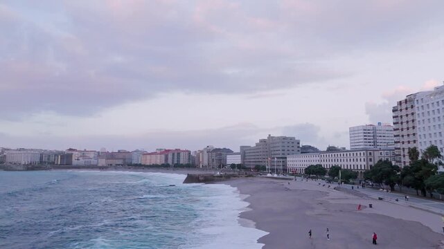 Aerial view of orzan beach and a coruna coastline at dusk