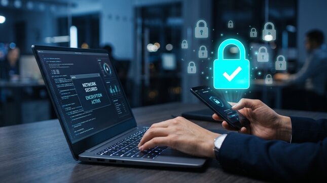 Cybersecurity protection concept with secure digital padlock on smartphone and laptop, representing data encryption, mobile security, secure authentication, privacy protection, and cyber defense