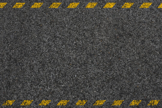 Asphalt sidewalk surface with worn yellow line and striped shadow striped pattern as background, top view