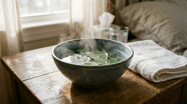 Steam inhalation bowl with eucalyptus leaves for cold flu congestion relief at home.