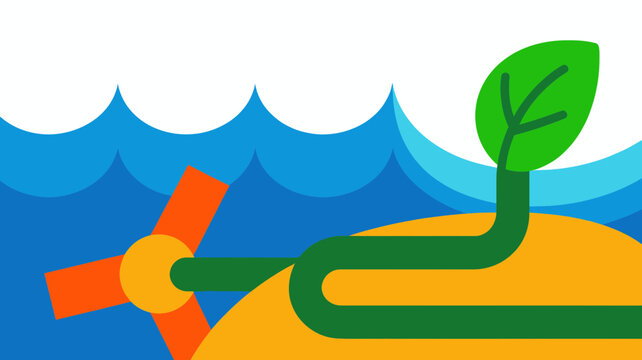 Renewable tidal energy vector illustration, sustainable ocean power concept with turbine and green leaf, clean blue water waves