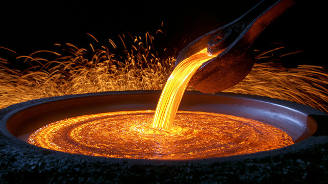 Molten iron is poured into a cast at a heavy industrial steel foundry. Dramatic glowing metal manufacturing process for metallurgy and industrial concepts.