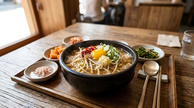 Korean soup dish is presented on a wooden tray alongside assorted traditional side dishes.