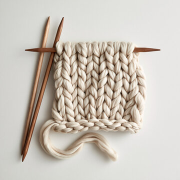 Knitting Needles With Half Finished Chunky Wool Swatch