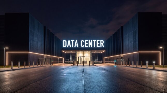 Modern data center entrance at night with illuminated security checkpoint wet road and advanced technology facility