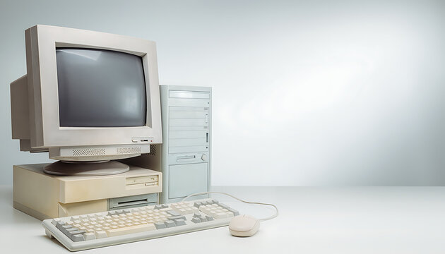 Old computer in desk setup with vintage hardware